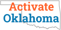 Activate Oklahoma logo. Orange and blue text over an outline of the State of Oklahoma.
